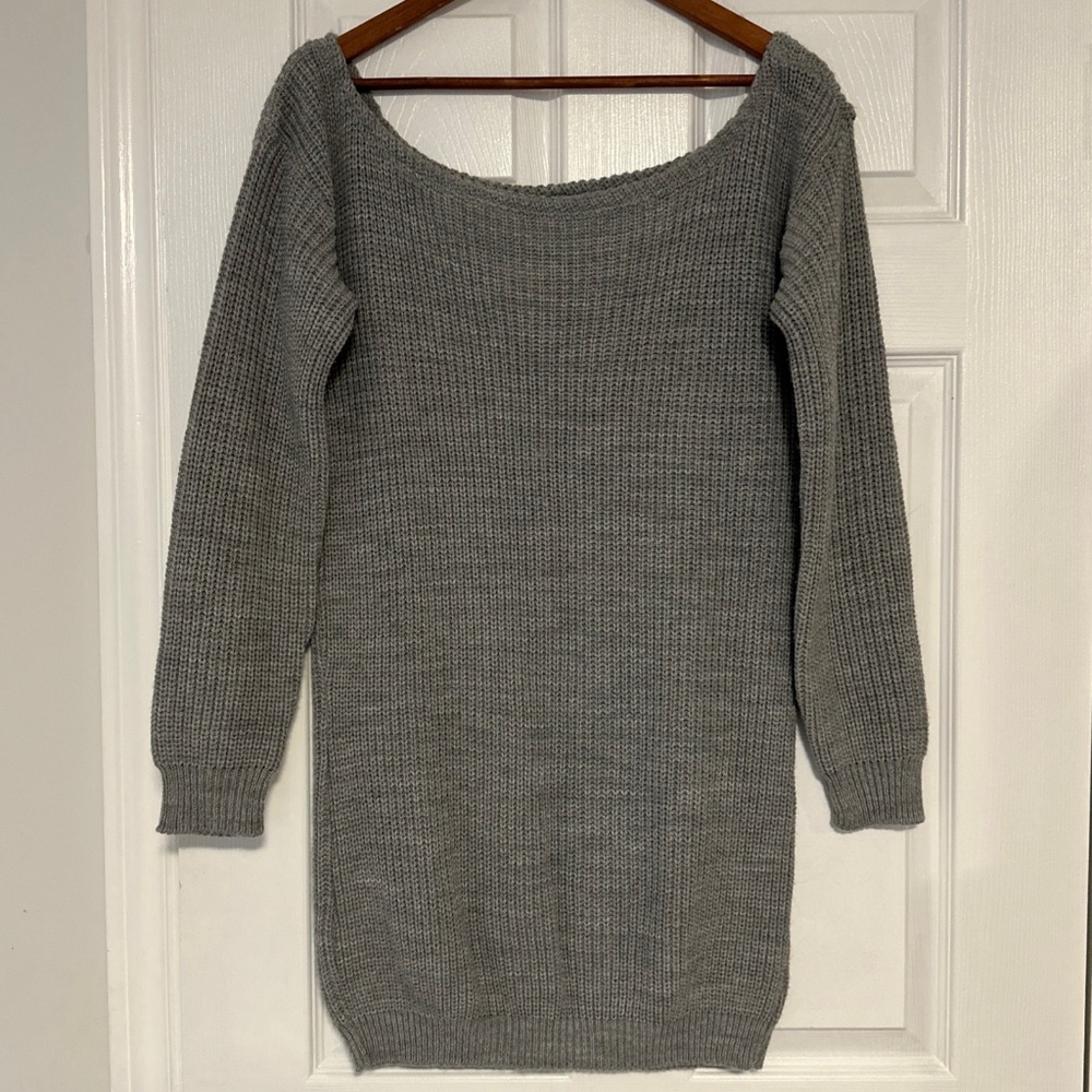 Missguided Grey Sweater Dress S/M Cottagecore Off-Shoulder Knitted 90s Gray Cozy